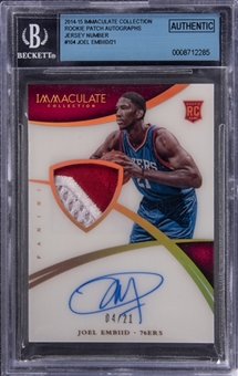 2014-15 Panini Basketball Immaculate Collection Rookie Patch Autographs #104 Joel Embiid Signed Rookie Card (#4/21) - BGS Authentic